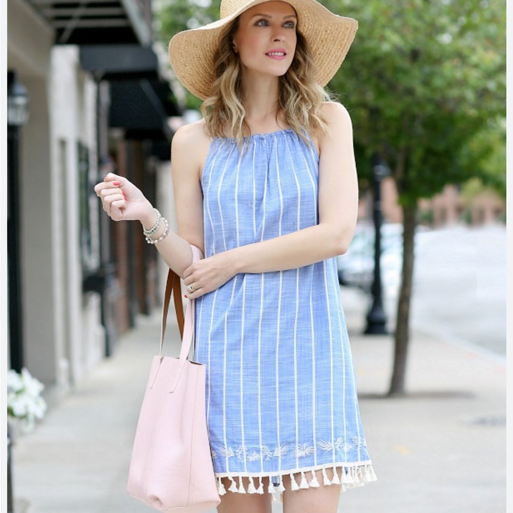 Target Blue White Striped Embroidered Tassel Shift Mini Dress Size M